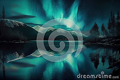 Beautiful northern lights reflecting in the water. Ai generative Stock Photo