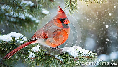 Beautiful northern male cardinal sitting on evergreen branch in winter Stock Photo