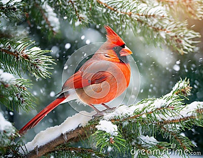 Beautiful northern male cardinal sitting on evergreen branch in winter Stock Photo