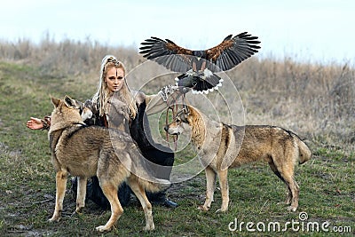 Beautiful northern warrior woman in viking clothes with wolves and Harris Hawk Parabuteo unicinctus. Stock Photo