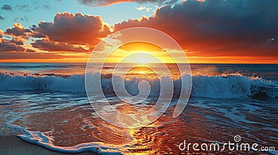 Beautiful ocean and sunset with a wave breaking on shore Stock Photo
