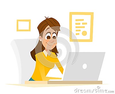 Beautiful office girl sitting in front of laptop and working Vector Illustration