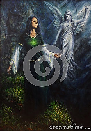 beautiful oil painting of a mystical woman in historical dress having a visionary encounter with her guardian angel in a temple of Stock Photo