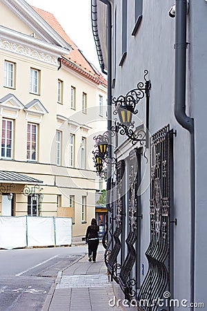 Beautiful old buildings in a European city. Typical atmosphere of architectural element in Vilnius Editorial Stock Photo