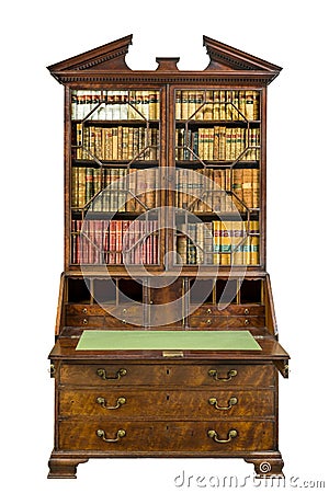 Beautiful old bureau bookcase open isolated on white Stock Photo