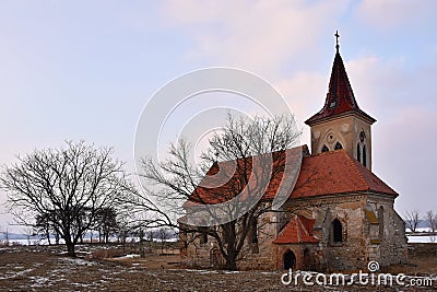 Beautiful old church of St. Linhart. Catholic temple village of Musov - Pasohlavky, Czech Republic. Photo of landscape with sunset Stock Photo