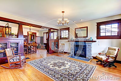 Beautiful old craftsman style home living room interior Stock Photo