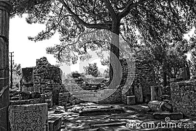 Old ruins of the ancient temple of Athena in Priene in Turkey on a hot summer day Stock Photo