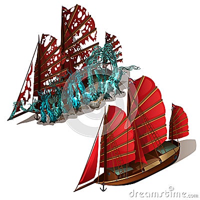 Beautiful old sailboat with red sails isolated on a white background. Ship after shipwreck is overgrown with polyps and Vector Illustration