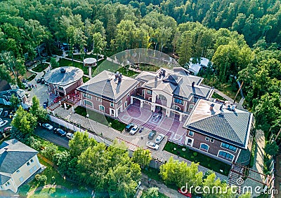 Beautiful old villa garden from above, green garden. Top view of luxury country house Stock Photo