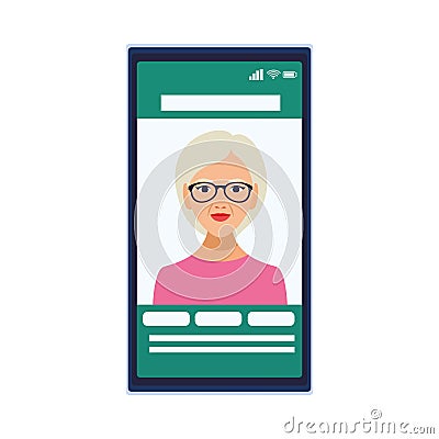 Beautiful old woman wearing glasses in smartphone character Vector Illustration