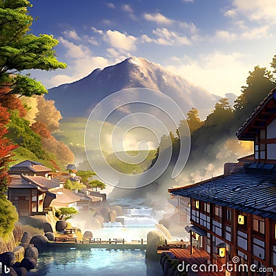 Beautiful Onsen Korea with mountain view in 3D design graphuc Stock Photo