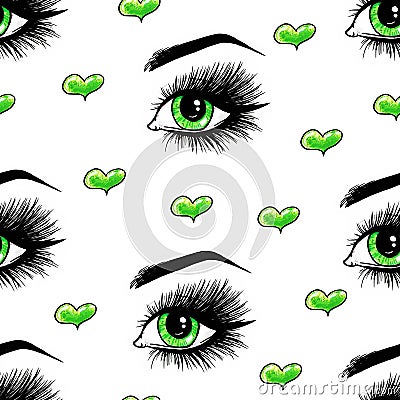 Beautiful open female green eyes with long eyelashes is on a white background. Seamless pattern for design Cartoon Illustration