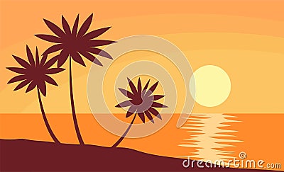 Beautiful orange sunset on the tropical beach Vector Illustration
