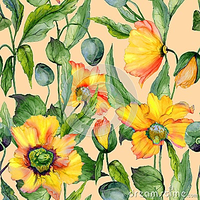 Beautiful orange and yellow welsh poppy flowers with green leaves on beige background. Seamless floral pattern. Cartoon Illustration