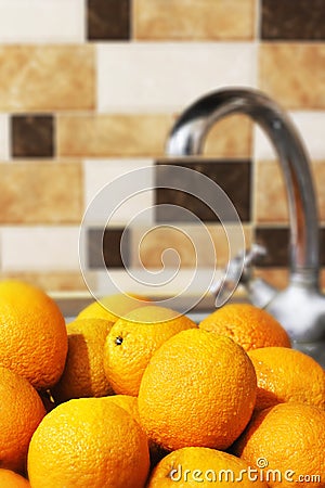 Beautiful oranges in the kitchen. Juicy fruits Stock Photo