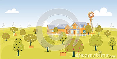 Beautiful Orchard with Ripe Fruit near Farmhouse. Vector Illustration