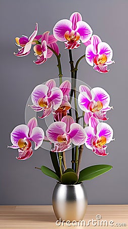 Beautiful orchid flowers in metallic golden pots on gray background. Stock Photo