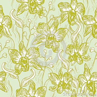 Beautiful Orchid. Hand drawn set on light blue background olive Green pink white contour sketch seamless pattern, card banner desi Vector Illustration