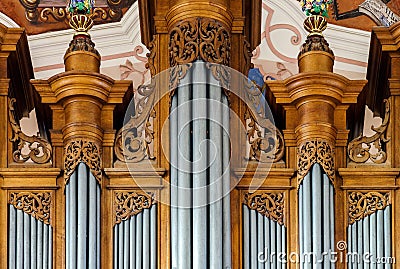 Beautiful organ view inside baroque church Stock Photo