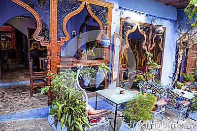 Beautiful outdoor seating,Chefchaouen, Morocco Stock Photo