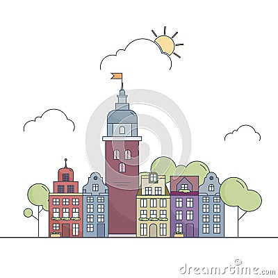 Beautiful outline city landscape. Little colorful town in cartoon style. Vector illustration EPS 10 Vector Illustration