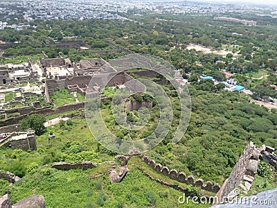 Beautiful overview of Golconda fort with beautiful greenery and background of the city Stock Photo