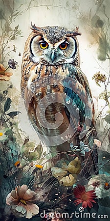Beautiful owl on a background of flowers. Close-up portrait, digital vertical painting, generative ai Stock Photo