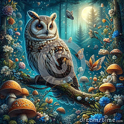 A beautiful owl perched on a branch, in a magical woodland, with beautif wildflowers, moonlit, mushrooms, digital art, fantasy Stock Photo