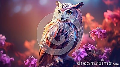 A beautiful owl perched on the edge of an enchanting garden Stock Photo