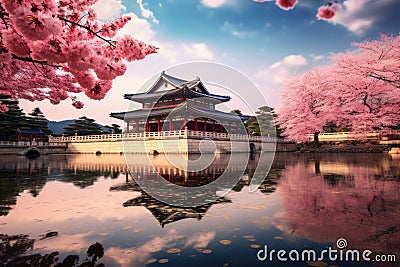 Beautiful pagoda and cherry blossom in Gyeongbokgung Palace, Seoul, South Korea, Gyeongbokgung palace with cherry blossom tree in Stock Photo