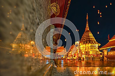 Beautiful Pagoda with reflection, Wat phra that doi suthep temple in Chiang mai thailand, the most famous temple at twilight, Yi Stock Photo