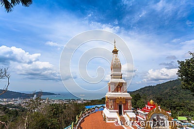 Beautiful pagoda of Thepnimit temple on high peak of Patong Editorial Stock Photo
