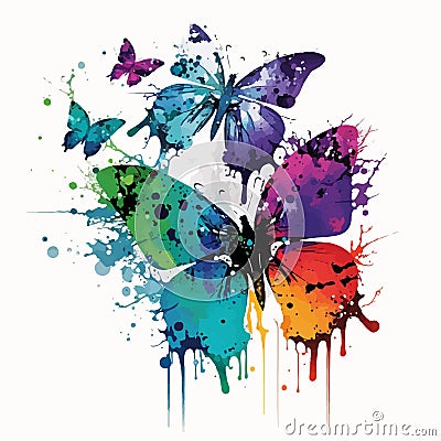 Beautiful paint splatter watercolor abstract, butterflys on the white background. Vector illustration Stock Photo