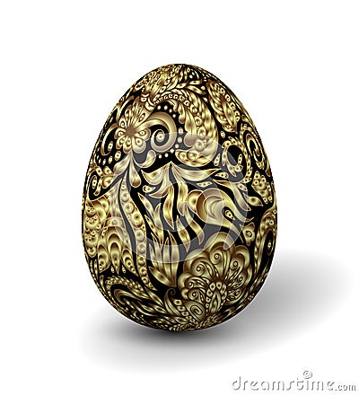 Beautiful painted easter egg on white background. 3D effect, shadow Golden ornate floral pattern on black egg. Stock Photo