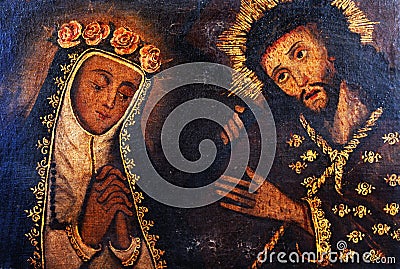 painting Annunciation, Virgin Mary, and Christ in the Iglesia del Convento, it is a Cusquepa painting from the 16th Editorial Stock Photo