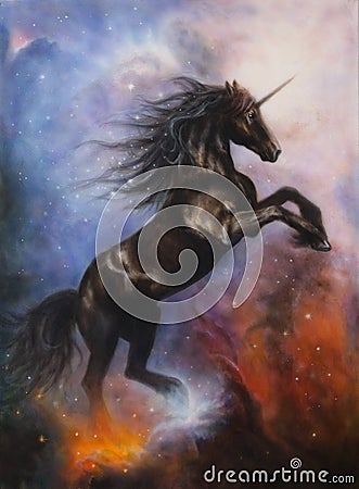 Beautiful painting of a black unicorn dancing in space Stock Photo