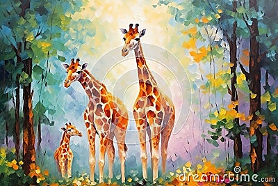 Beautiful painting of a family of giraffes resting under the trees in the forest. Wildlife Animals. Illustration, Generative AI Stock Photo