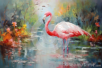 Beautiful painting of flamingo standing in the swamp in the forest. Bird, Wildlife Animals. Illustration, Generative AI Stock Photo