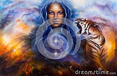 Beautiful painting oil on canvas of a female goddess lada guard Stock Photo