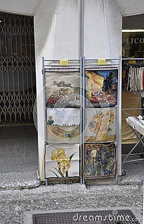 Avignon, 10th september: Painting souvenirs stand in the Place du Change Pedestrian Square of Avignon in Provence France Editorial Stock Photo