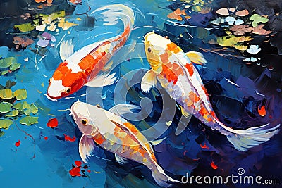 Beautiful painting three colorful koi fish are swimming. Pet, Generative AI, Illustration Stock Photo