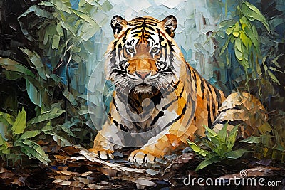 Beautiful painting of a tiger resting in the trees in the forest. Wildlife Animals. Illustration, Generative AI Stock Photo