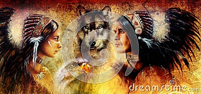 Beautiful painting of an young indian man and woman accompanied with wolf and eagle on yellow ornament background. Stock Photo