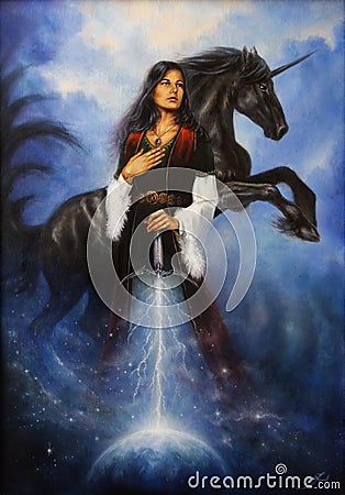 Beautiful painting of a young mystical woman in historic dress holding her sword accompanied by her black unicorn Stock Photo