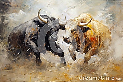 Beautiful paintings two bulls are fighting fiercely. Wildlife Animals, Generative AI, Illustration Stock Photo