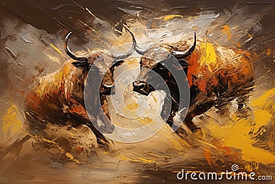 Beautiful paintings two bulls are fighting fiercely. Wildlife Animals, Generative AI, Illustration Stock Photo