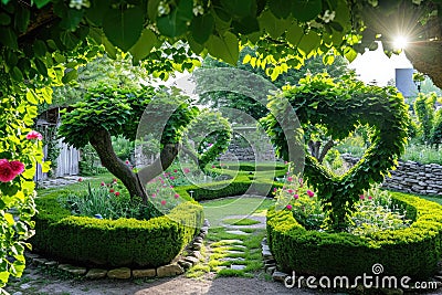 A beautiful pair of heart-shaped bushes flourishing in a well-kept garden, A garden with trees and flowers shaped as hearts, AI Stock Photo