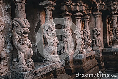 Beautiful Pallava architecture & exclusive sculptures at The Kanchipuram Kailasanathar temple, Oldest temple in Kanchipuram Stock Photo