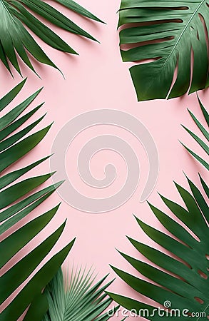 Beautiful palm leaves shaped as frame with copy space on pink background. Created with generative Ai Stock Photo